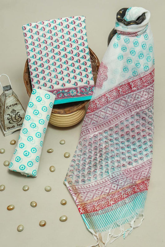 Exclusive Hand Block Printed Cotton Suit With Kota Doria Dupatta