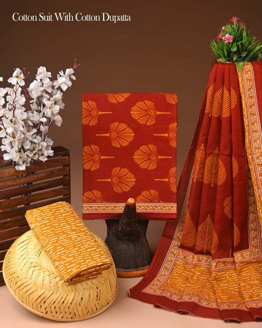 Designer Hand Block Print Cotton Suit Set with Pure Cotton Dupatta