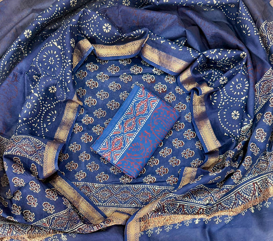 Premium Hand block Printed Maheshwari Silk Zari Border suit