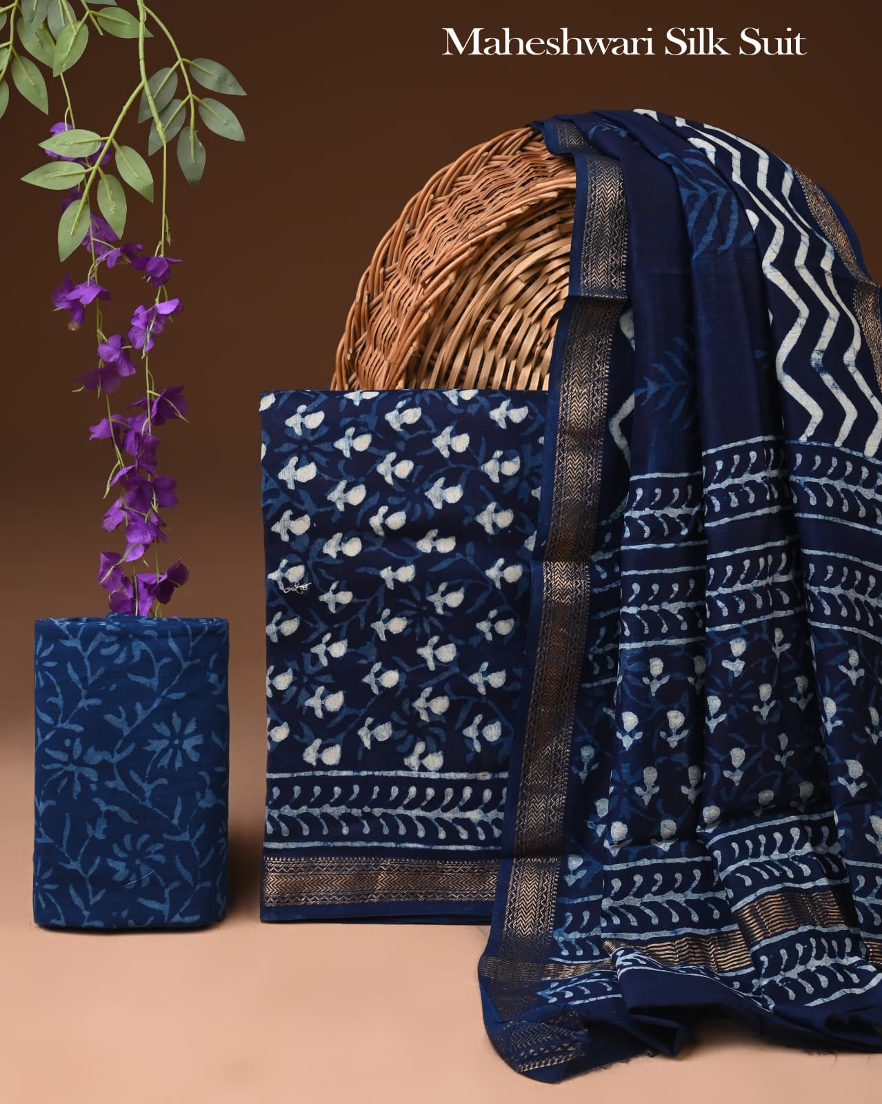 Exclusive Hand Block Printed Maheshwari Silk Suit