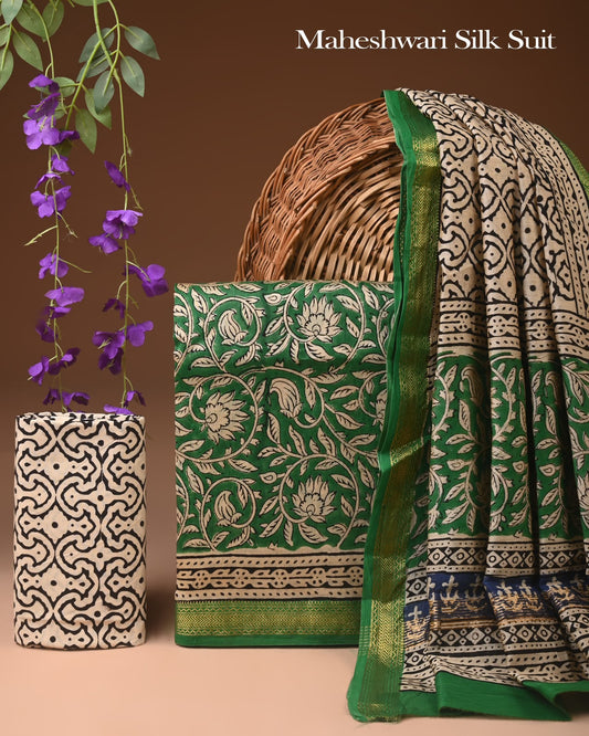 Premium Hand block Printed Maheshwari Silk Zari Border suit