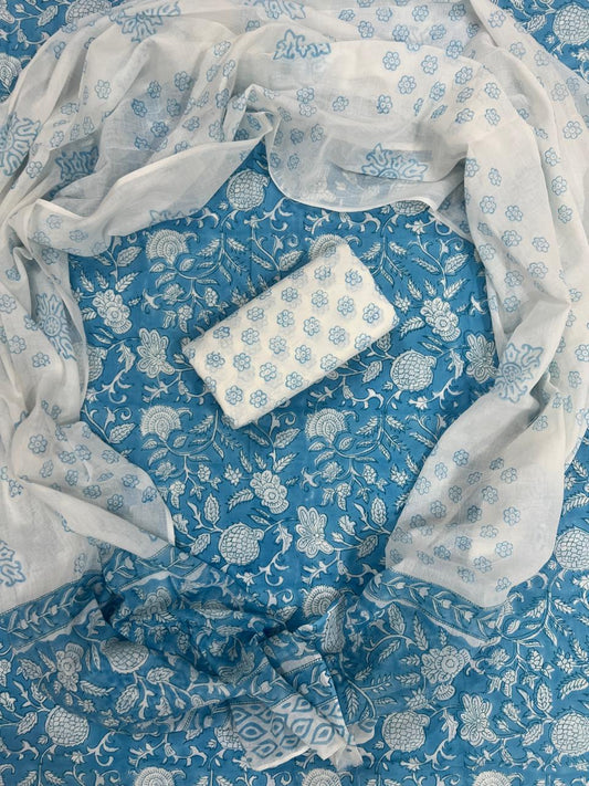 Hand Block Printed Soft Cotton Suit Set With Mulmul Dupatta