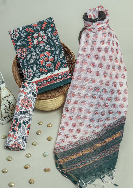 Premium Hand Block Printed Cotton Suit With Kota Doria Dupatta