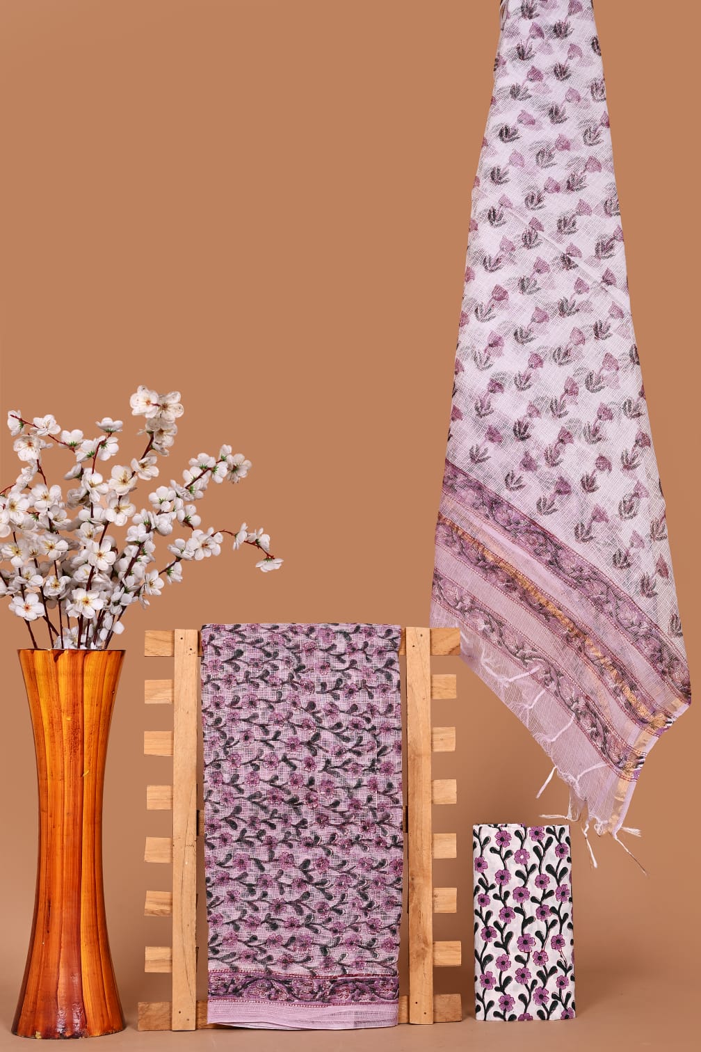 Soft Kota Cotton Dress Material with Hand Block Print & Cotton Bottom