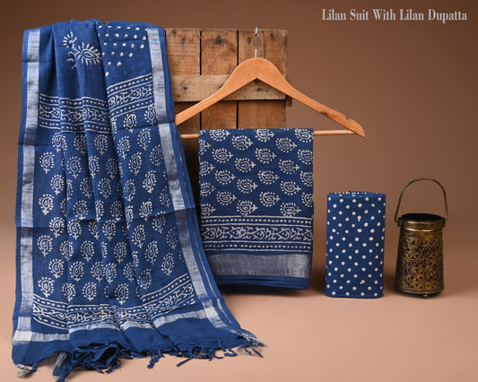 Hand Block Print Lilen Suit With Lilen Dupatta