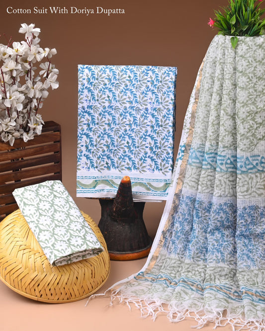 Exclusive Hand Block Printed Cotton Suit With Kota Doria Dupatta