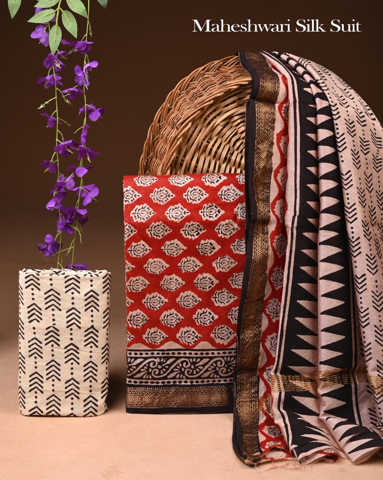 Premium Hand block Printed Maheshwari Silk Zari Border suit