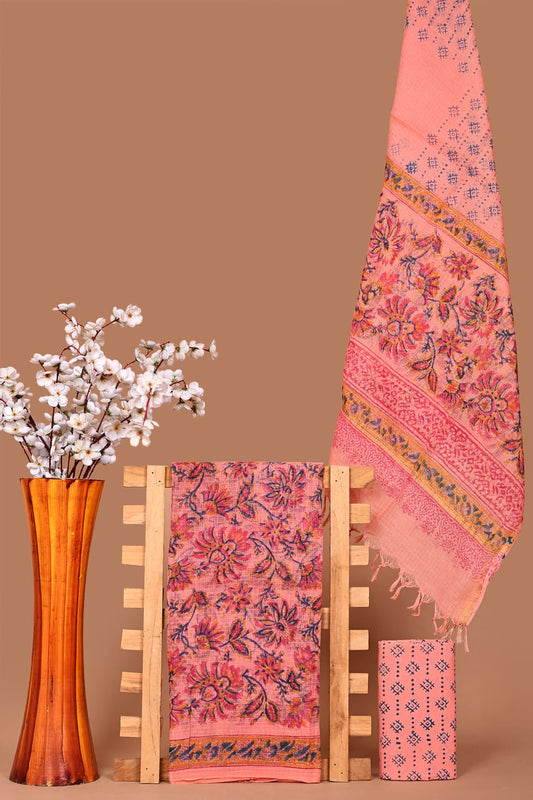Premium Kota Cotton Hand Block Print Dress Material with Dupatta