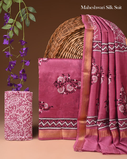 Premium Hand Block Print Maheshwari Silk Suit