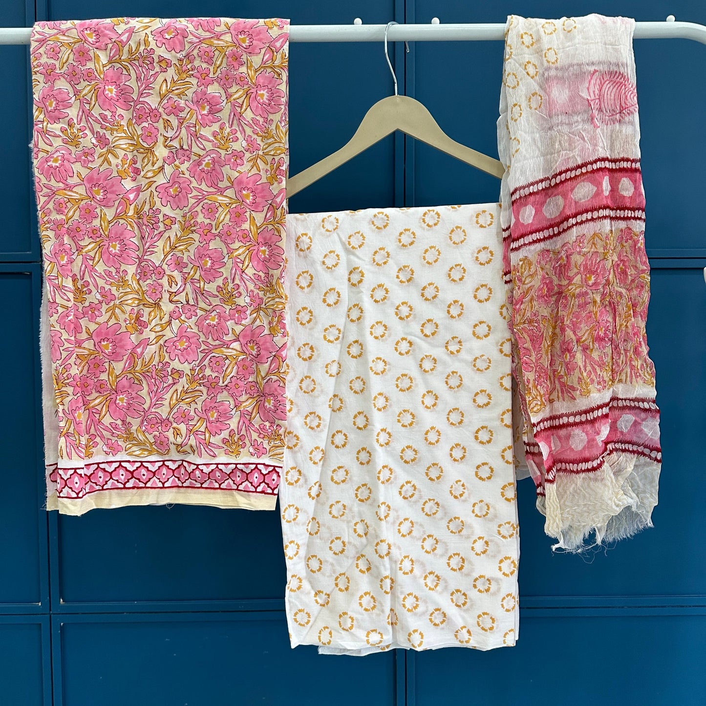 Yellow Bagru Hand Block Print Cotton Suit With Chiffon Dupatta