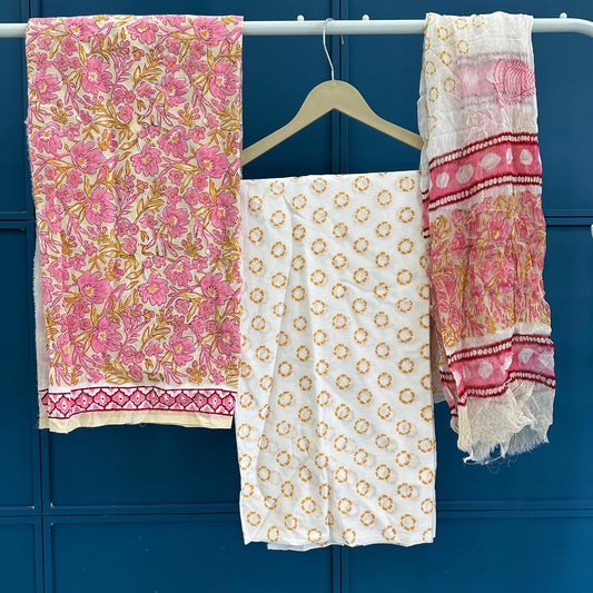 Yellow Bagru Hand Block Print Cotton Suit With Chiffon Dupatta