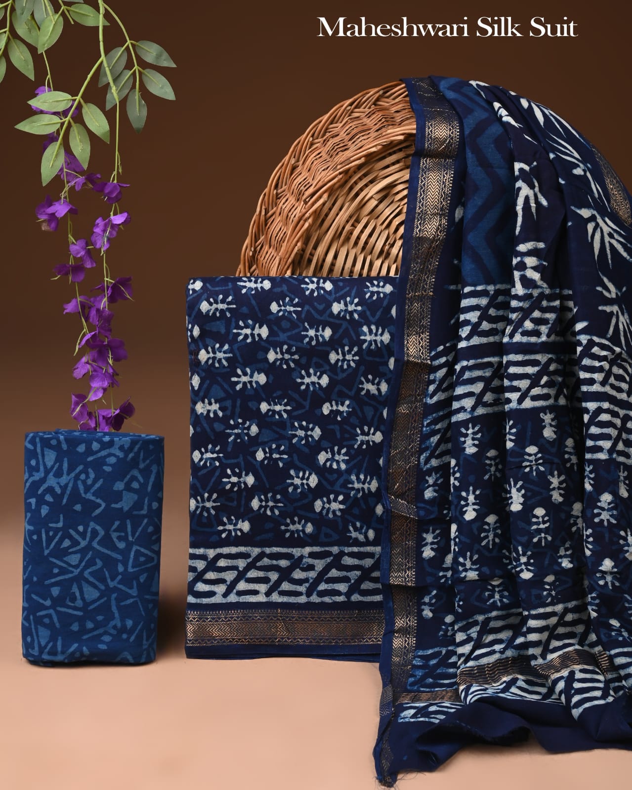 Premium Hand Block Printed Maheshwari Silk Zari Border Suit
