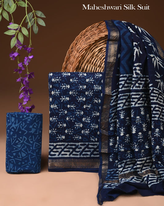 Premium Hand Block Printed Maheshwari Silk Zari Border Suit
