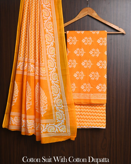 Hand Block Printed Soft Cotton Suit Set With Mulmul Dupatta