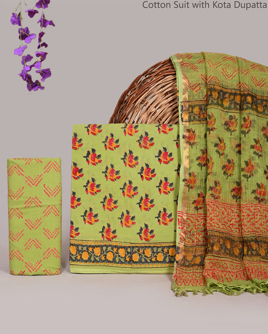 New Hand Block Printed Cotton Suit With Kota Doria Dupatta