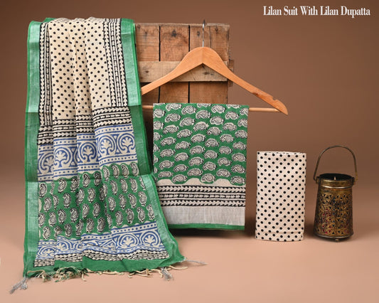 Exclusive Hand Block Printed Lilen Suit With Lilen Dupatta
