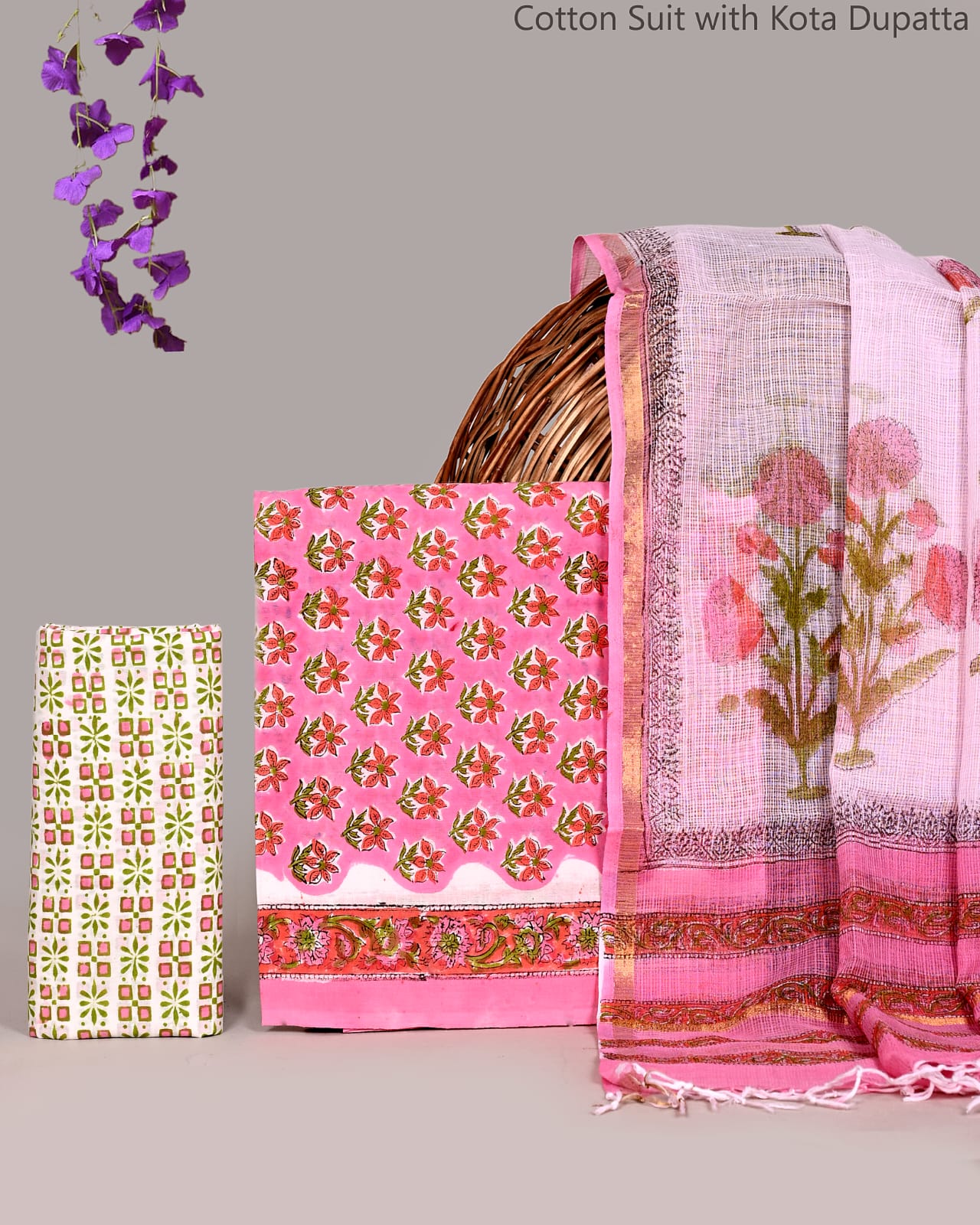 Bagru Hand Block Print Cotton Suit With Kota Doria Dupatta