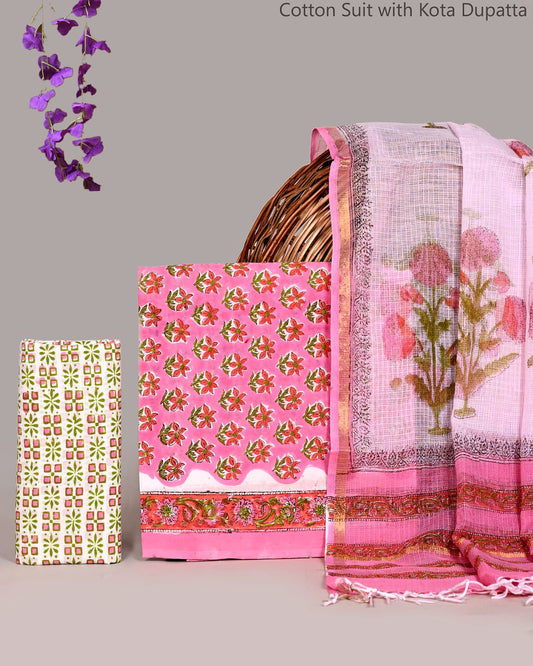 Bagru Hand Block Print Cotton Suit With Kota Doria Dupatta