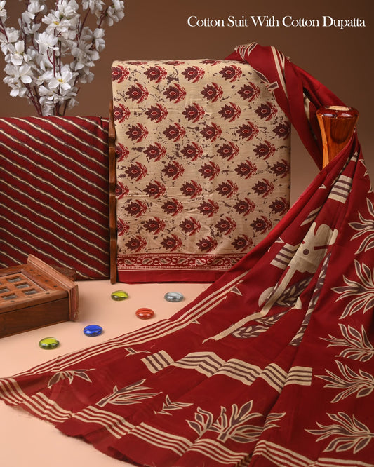 Bagru Print Organic Cotton Suit Set With Mulmul Dupatta 48