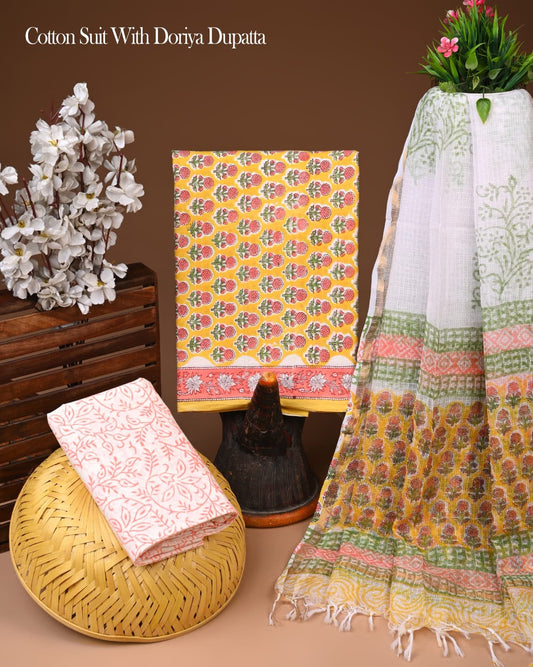 Exclusive Hand Block Printed Cotton Suit With Kota doria Dupatta