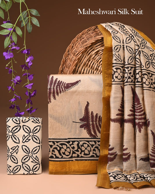 Bagru Hand Block Print Maheshwari Silk Suit