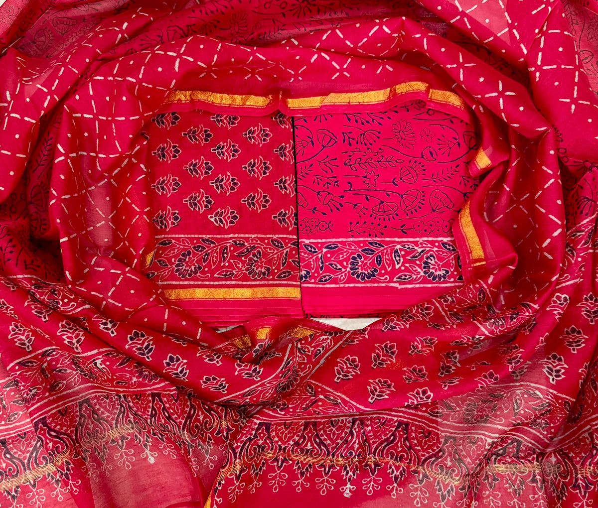 Premium Hand Block Printed Chanedri Silk Suit