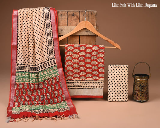 Hand Block Printed Lilen Suit With Lilen Dupatta