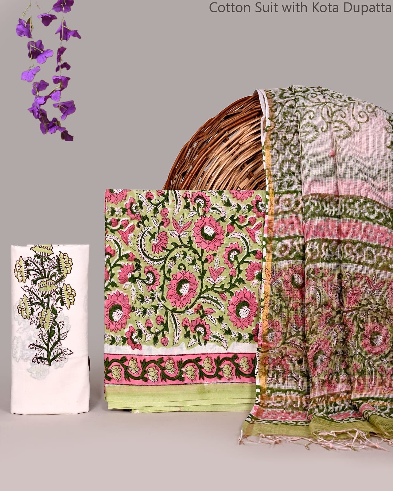 Pink Hand Block Printed Pure Cotton Suit With Kota Doria Dupatta