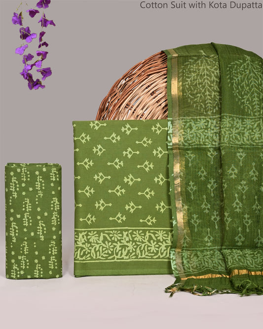 Premium Hand Printed Cotton Suit With Kota Doria Dupatta