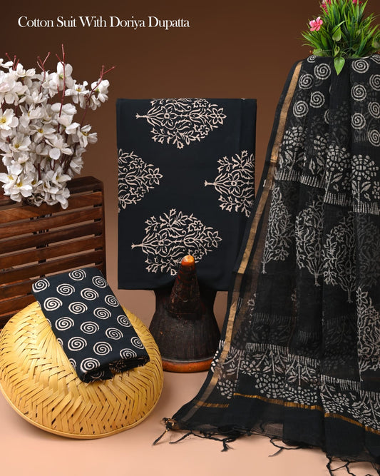 Exclusive Hand Block Printed Cotton Suit With Kota Doria