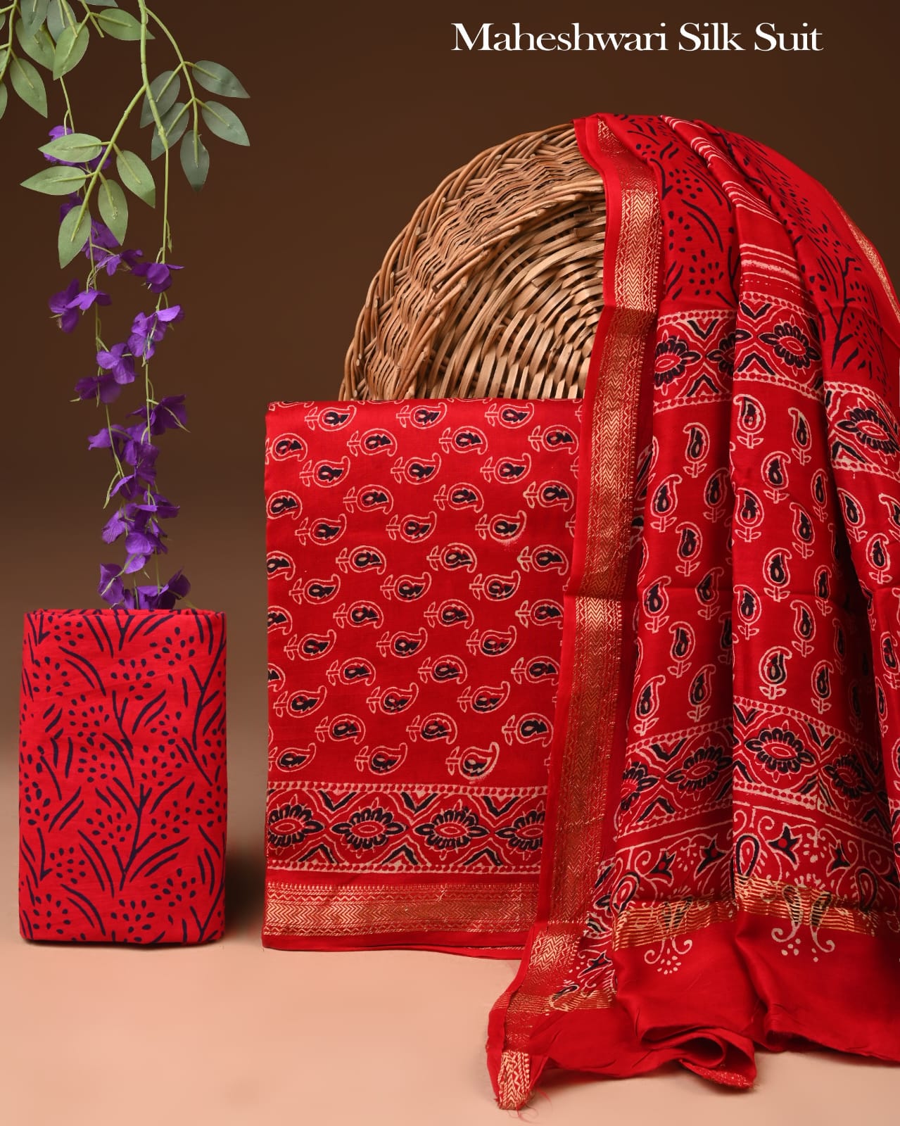 Premium Hand Block Printed Maheshwari Silk Zari Border Suit