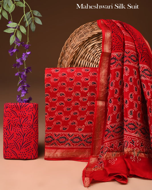 Premium Hand Block Printed Maheshwari Silk Zari Border Suit