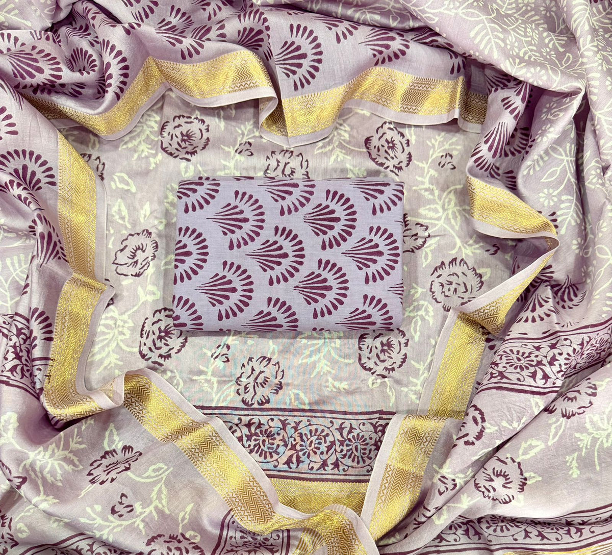 Premium Hand Block Print Maheshwari Silk Suit Set