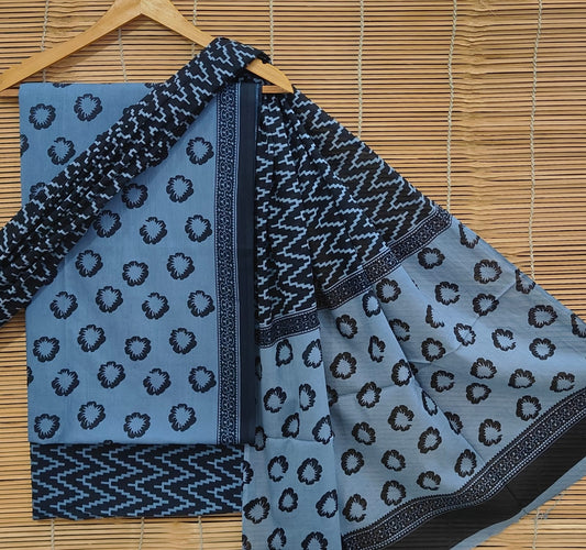 Hand Block Print Cotton Suit Set With Mulmul Dupatta