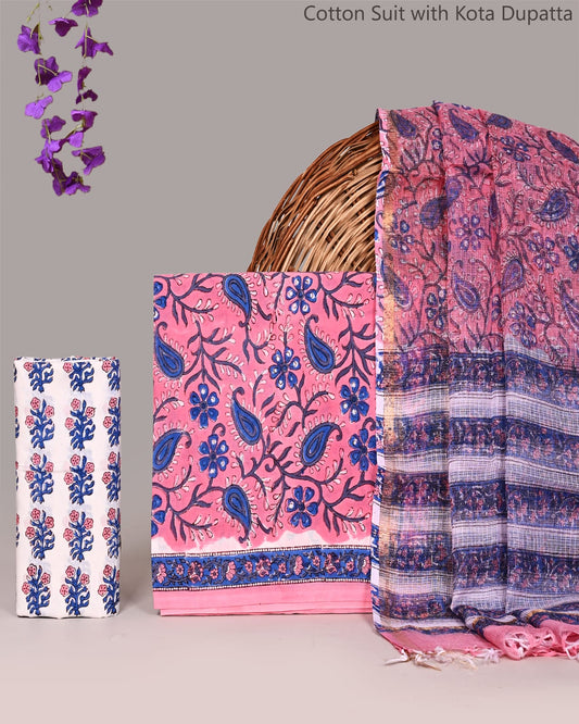 Premium Hand Block Printed Cotton Suit With Kota Doria Dupatta