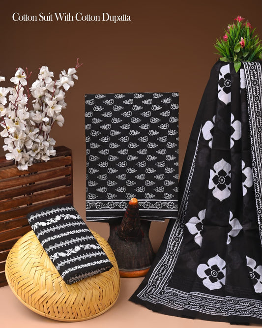 Hand Block Printed Cotton Suit With Cotton Dupatta