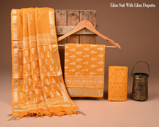 Exclusive Hand Block Print Lilen Suit With Lilen Dupatta