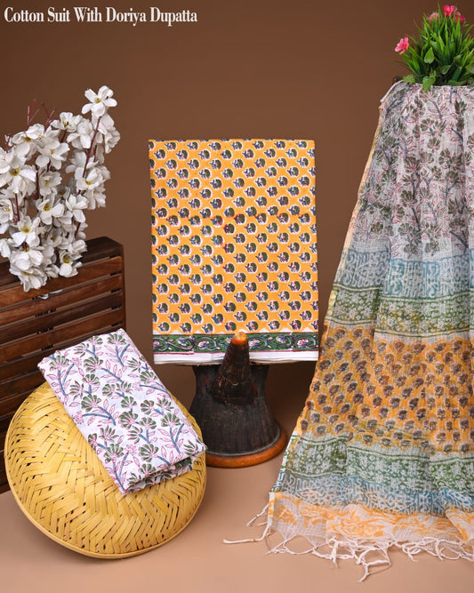 Premium Hand Block Printed Cotton Suit With Kota Doria Dupatta