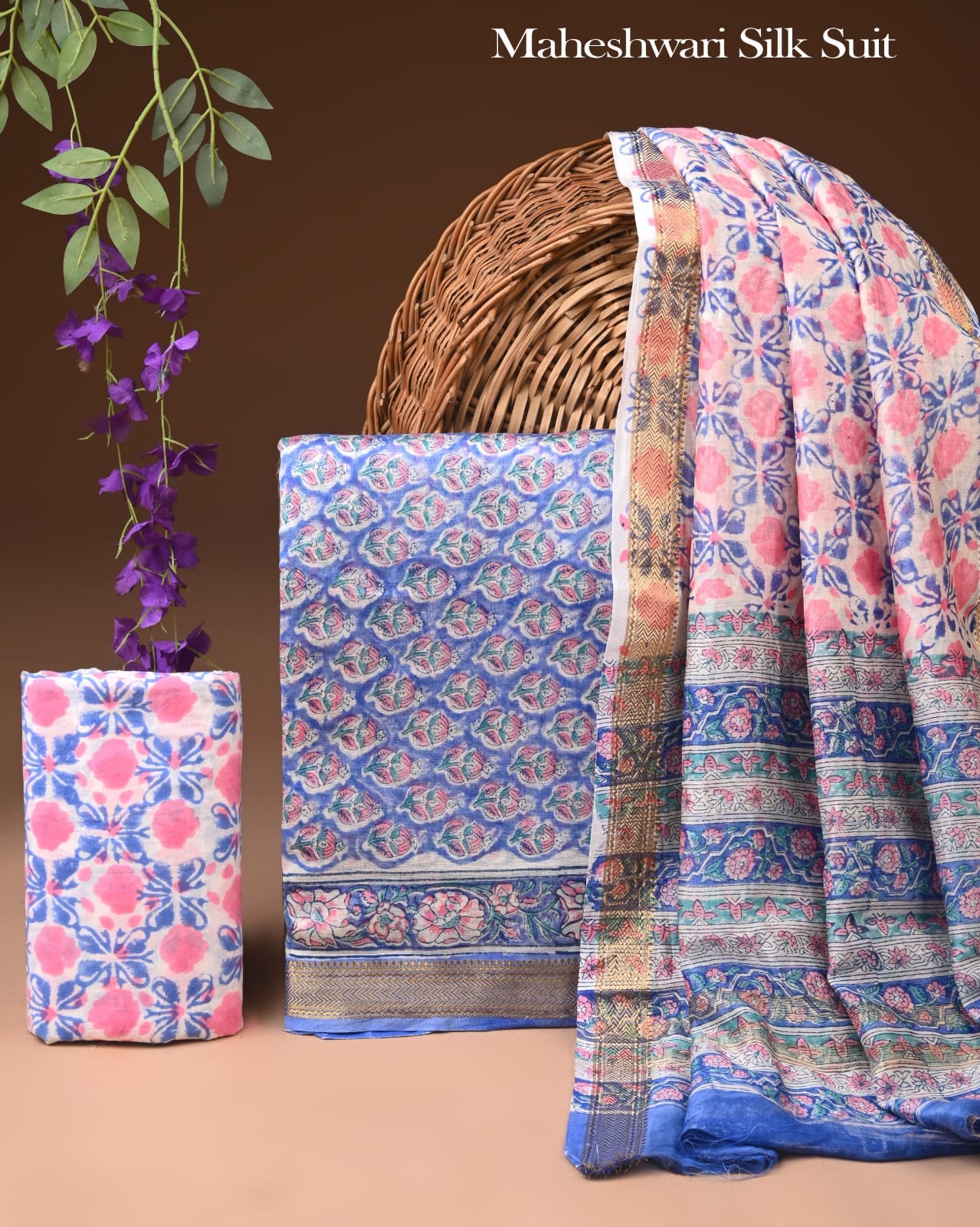 Exclusive Hand Block Print Maheshwari Silk Zari Border Suit
