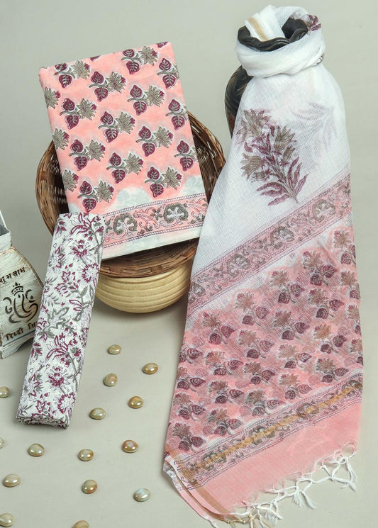 Pink Hand Block Printed Pure Cotton Suit With Kota Doria Dupatta