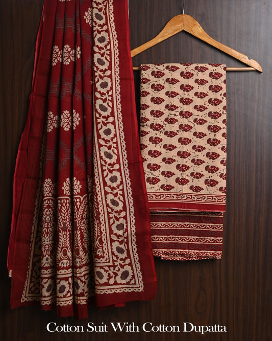 Women's Premium Hand Block Print Cotton Suit Set with Dupatta