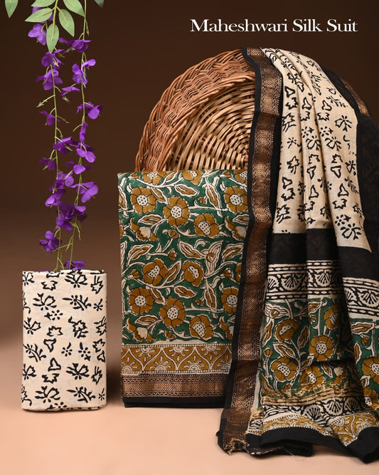 Exclusive Hand Block Printed Maheshwari Silk Suit