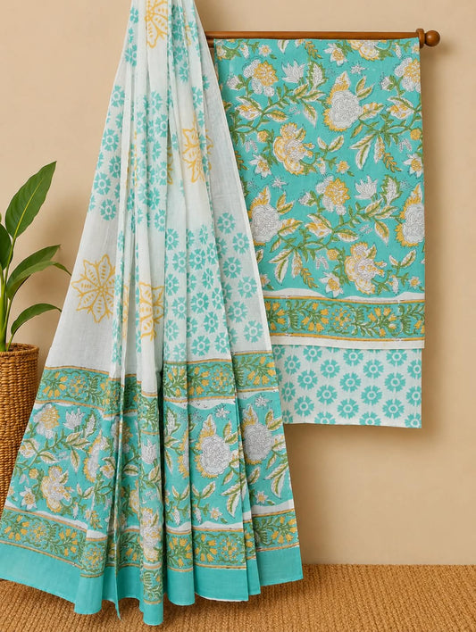 Premium Hand Block Printed Cotton Suit With Mulmul Dupatta 3