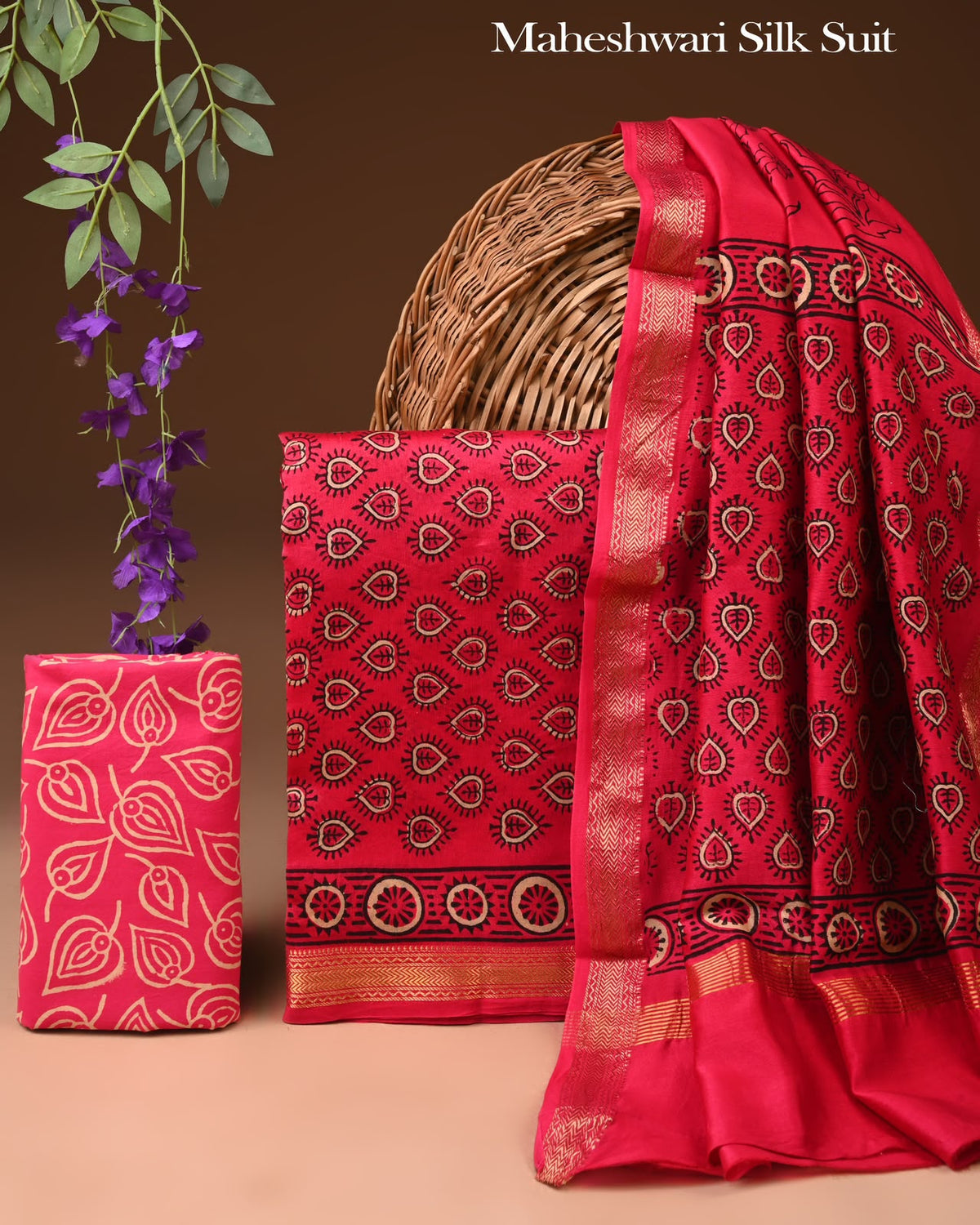 Premium Hand Block Printed Maheshwari Silk Zari Border Suit