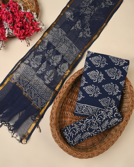 Exclusive Hand Block Printed Cotton Suit with Kota Doria Dupatta