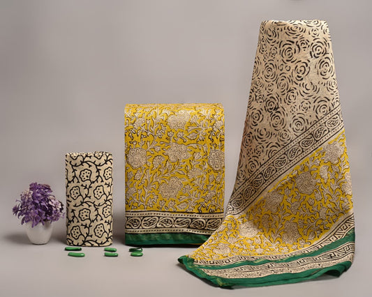 Sanganeri Print Chanderi Silk White Suit Set