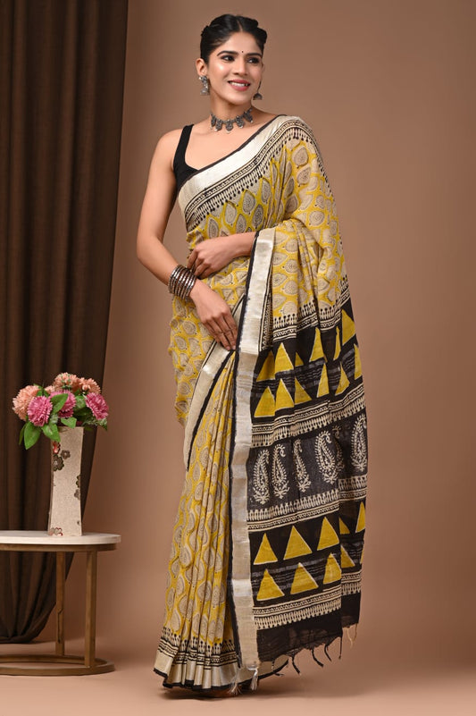 Premium Handloom Linen Saree With Artistic Hand Prints