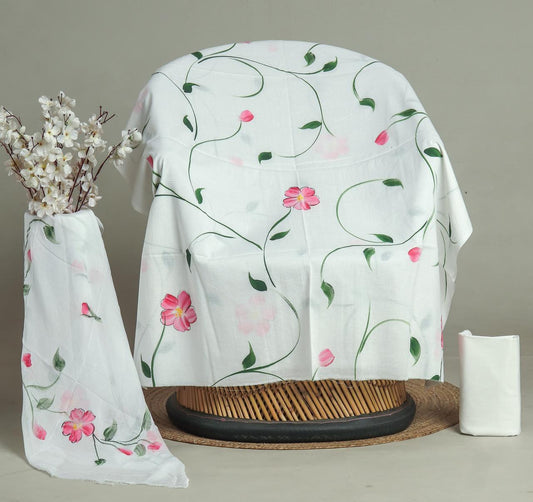Green Hand Block Printed Cotton Suit With Chiffon Dupatta