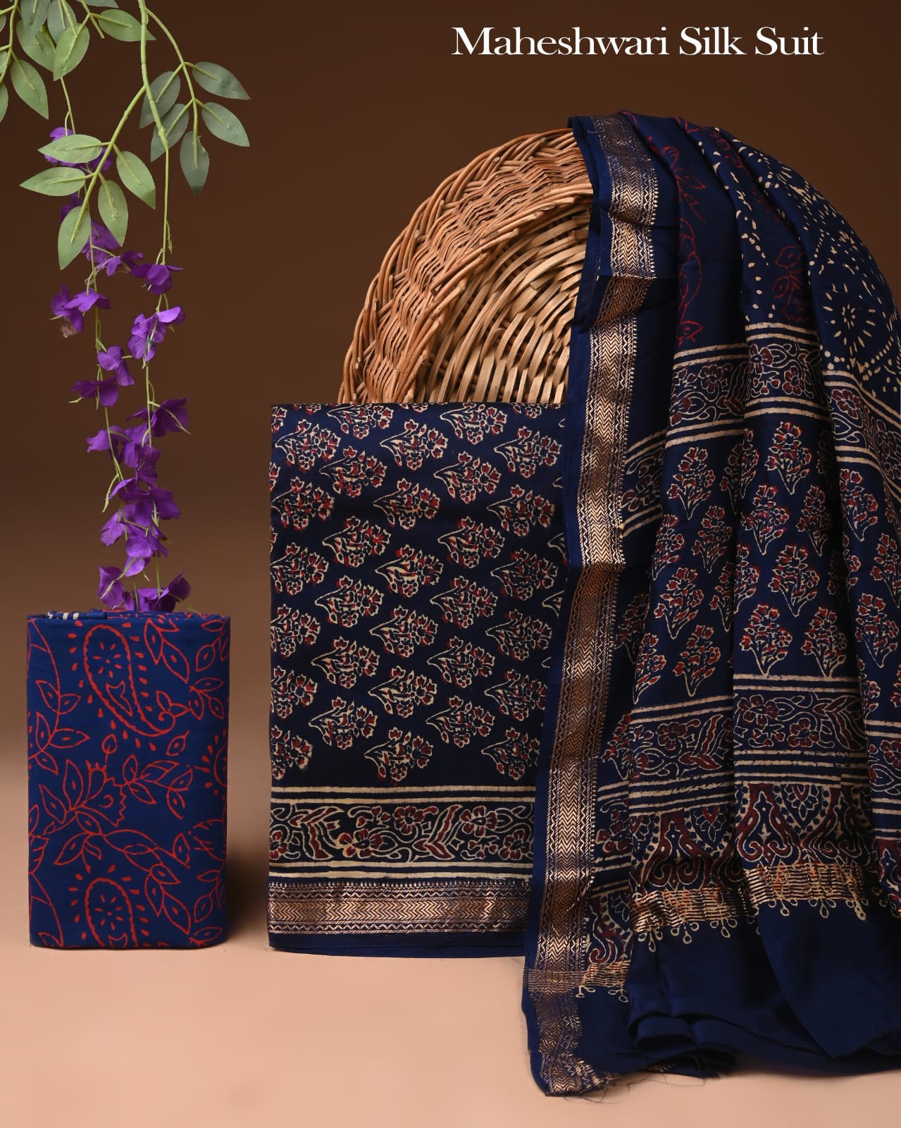 Premium Hand Block Printed Maheshwari Silk Suit