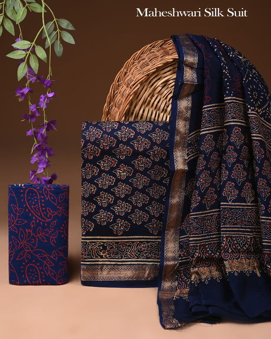Premium Hand Block Printed Maheshwari Silk Suit